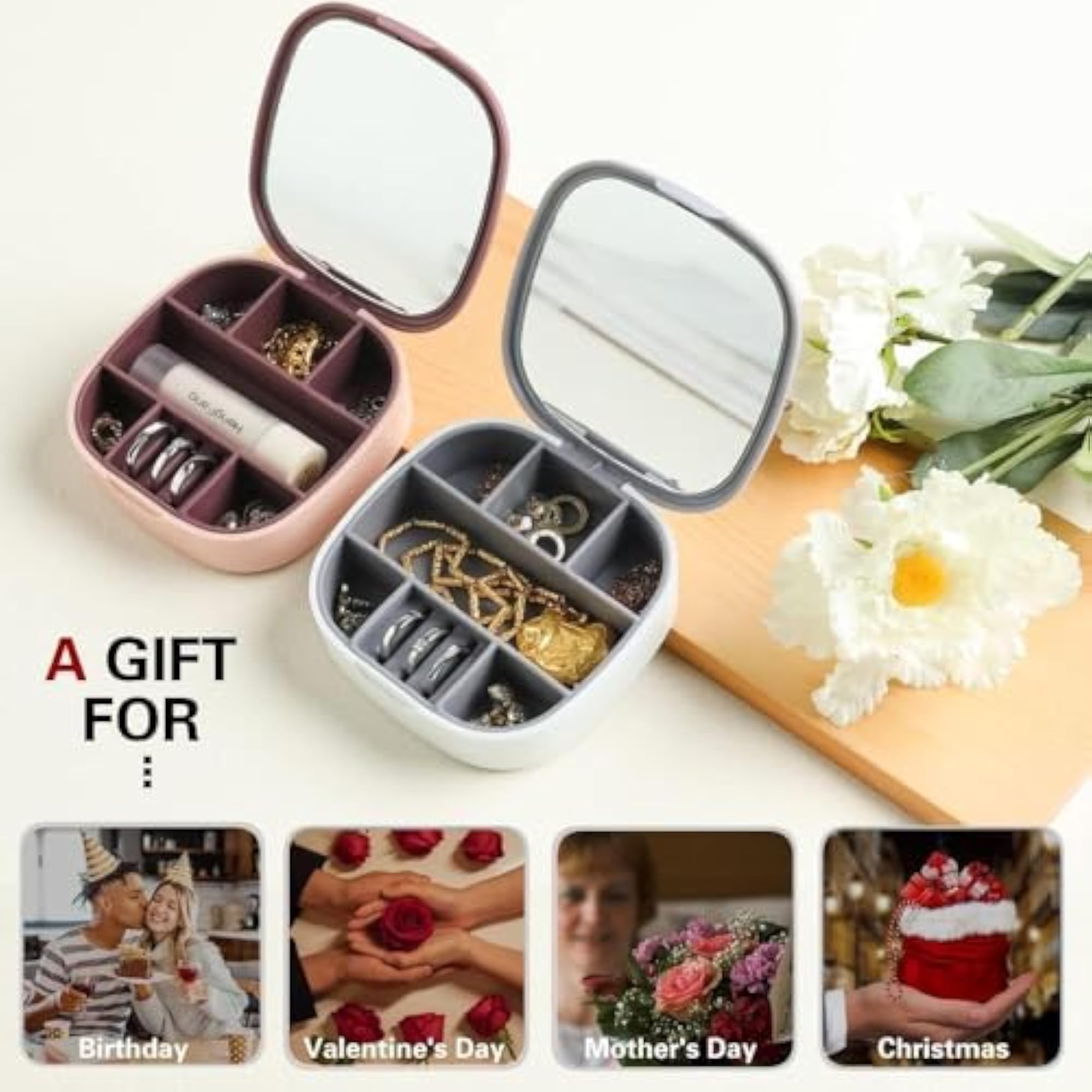 Mini Travel Jewelry Case, 7 Grids Organizer with Mirror
